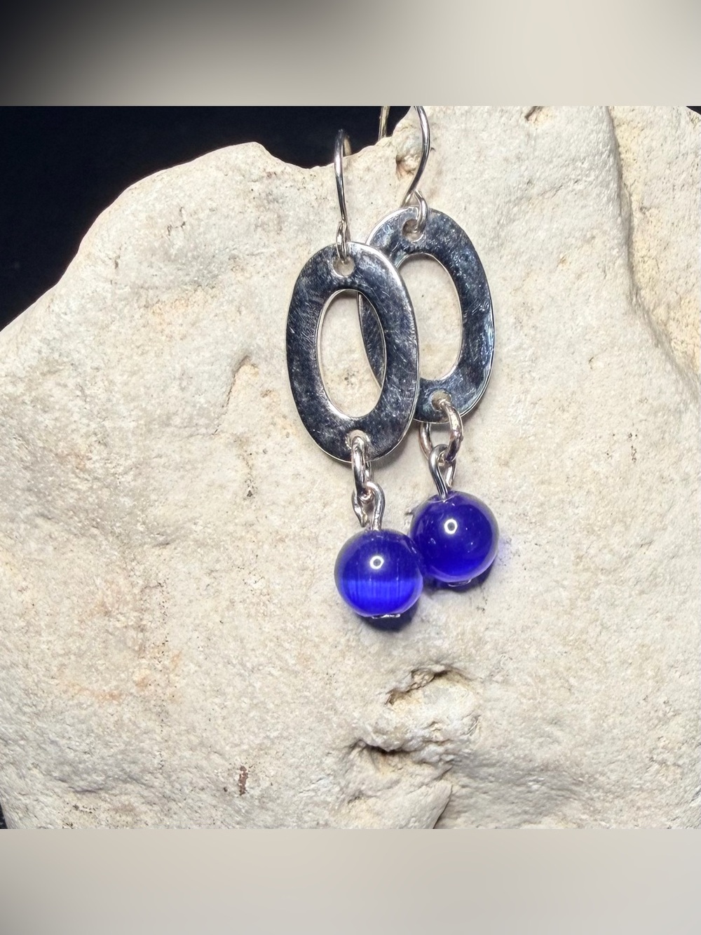 ✨Handmade✨ Silver Oval Drop Earrings with Cobalt Blue Bead - Hypoallergenic